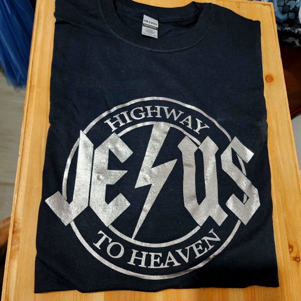 Highway to heaven, Jesus Black Cotton Tshirt XXL Metallic Silver graphic tee